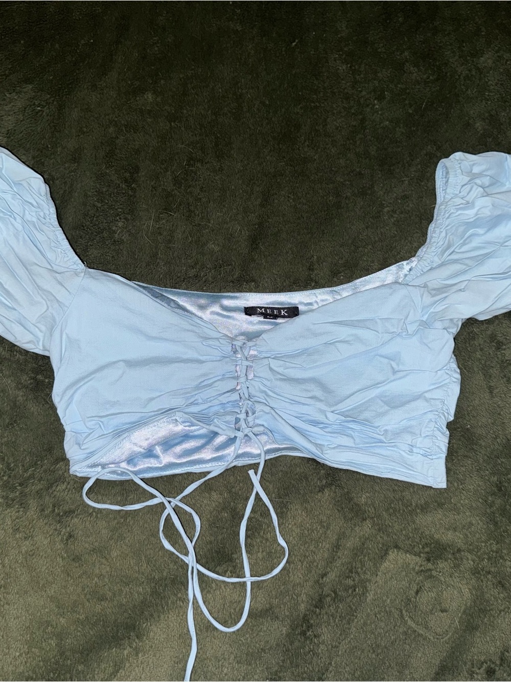 Meek Light Blue Ruched Tie-Front Puff Sleeve Crop Top